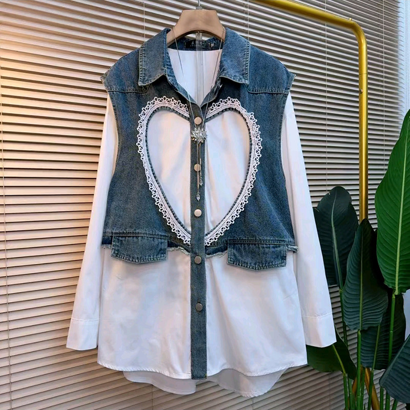 时尚拼接牛仔镂空爱心百搭衬衫