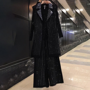 大码女装秋季新款中长款遮肚马甲阔腿裤套装胖妹妹重工亮钻三件套