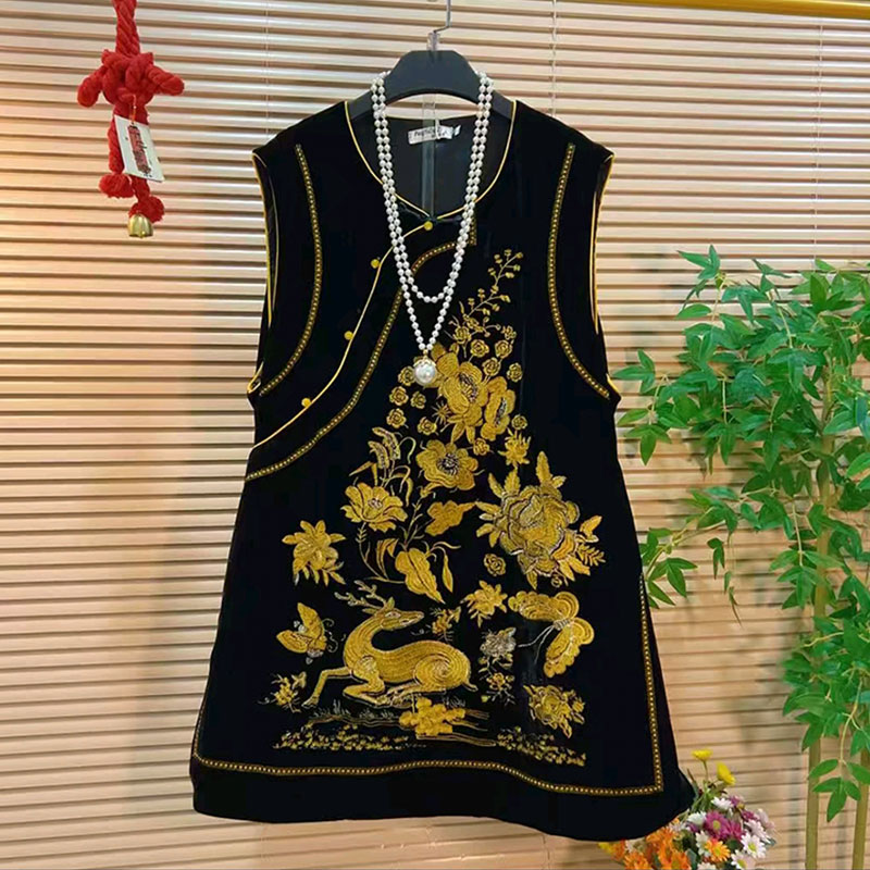 国潮民族气质绣花马甲裙坎袖上衣