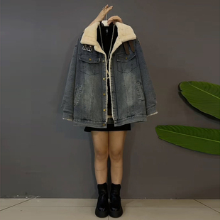 欧货时尚 胖妹妹2025冬季 女装 大码 加厚绒保暖高级牛仔棉服外套 新款