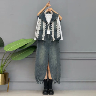 2026新款 春季 工装 减龄蕾丝拼接马甲裤 胖妹妹大码 子搭配打底衫 女装