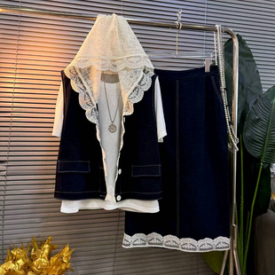 套装 女装 2025夏季 大码 胖MM蕾丝连帽马甲半身裙三件套 新款 欧货爆款