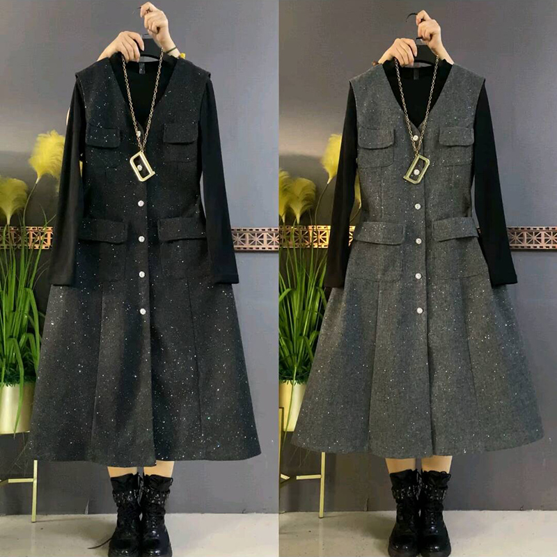 撒银马甲风衣裙弹力打底衫两件套