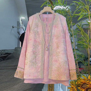 2026春季新款胖妹妹国风重工钉珠刺绣马甲拼袖打底衫上衣大码女装