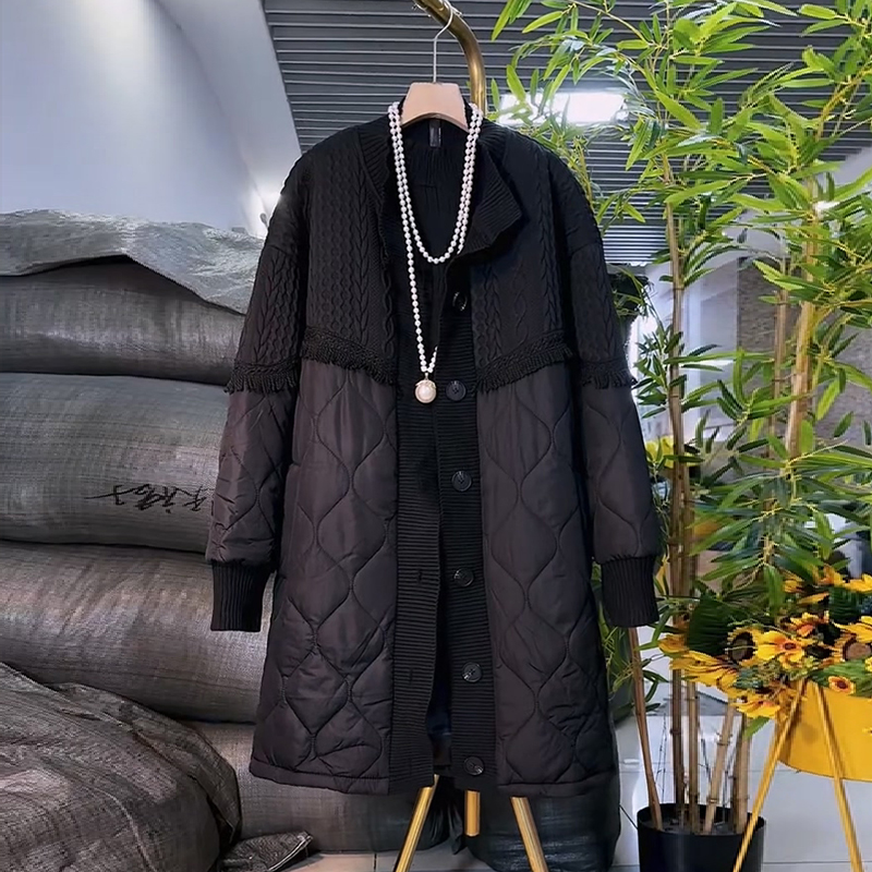 欧货时尚针织拼接长款棉服外套
