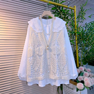 胖妹妹2026春季新款大码女装时尚镂空针织马甲娃娃领衬衫减龄套装