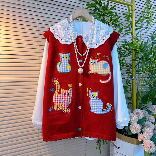 卡通刺绣针织背心马甲娃娃领衬衫
