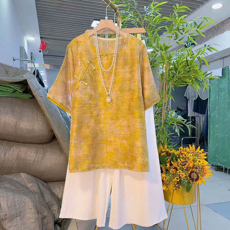 夏季新中式国风盘扣提花衫阔腿裤子减龄大码女装2025宽松显瘦上衣