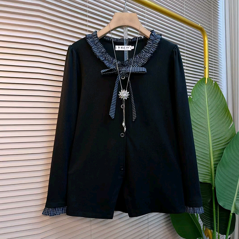 秋季大码女装拼接木耳边系带衬衫