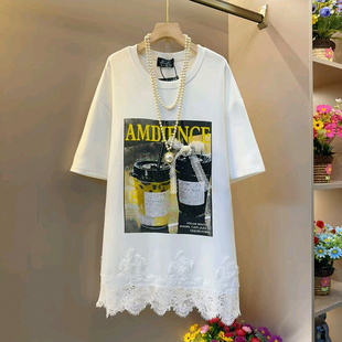 中长款大码女装烫钻水杯衬衫胖mm显瘦蕾丝拼接T恤衫夏季新款上衣