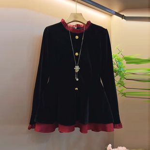 女装 小衫 秋新款 拼色高级感丝绒上衣胖mm轻奢百搭显瘦长袖 时尚 大码