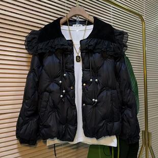 欧货时尚重工娃娃领网纱拼接纯色棉衣流苏洋气棉服加大码女装外套