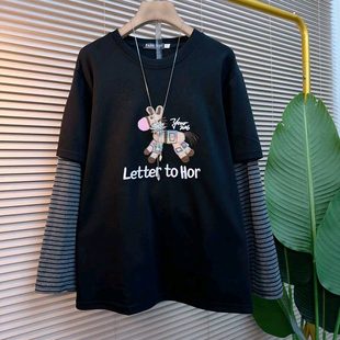 女装 新款 大码 拼接假两件小马字母T恤衫 胖mm宽松遮肉减龄上衣 时尚