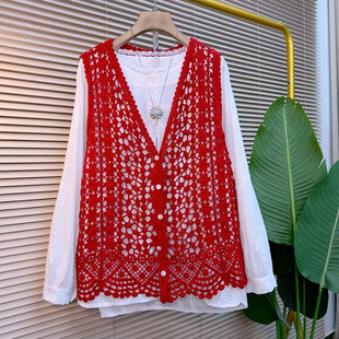 女装 胖妹妹时尚 大码 镂空针织马甲新款 休闲百搭纽扣马夹潮 刺绣衬衫