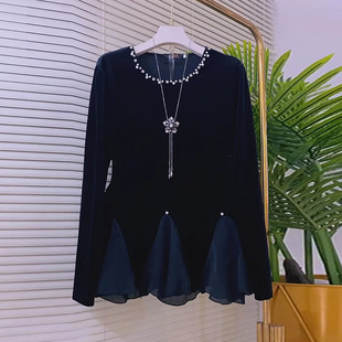 女人衫 气质显瘦小衫 胖妹妹大码 时尚 女装 欧货钉钻钉珠下摆拼接长袖