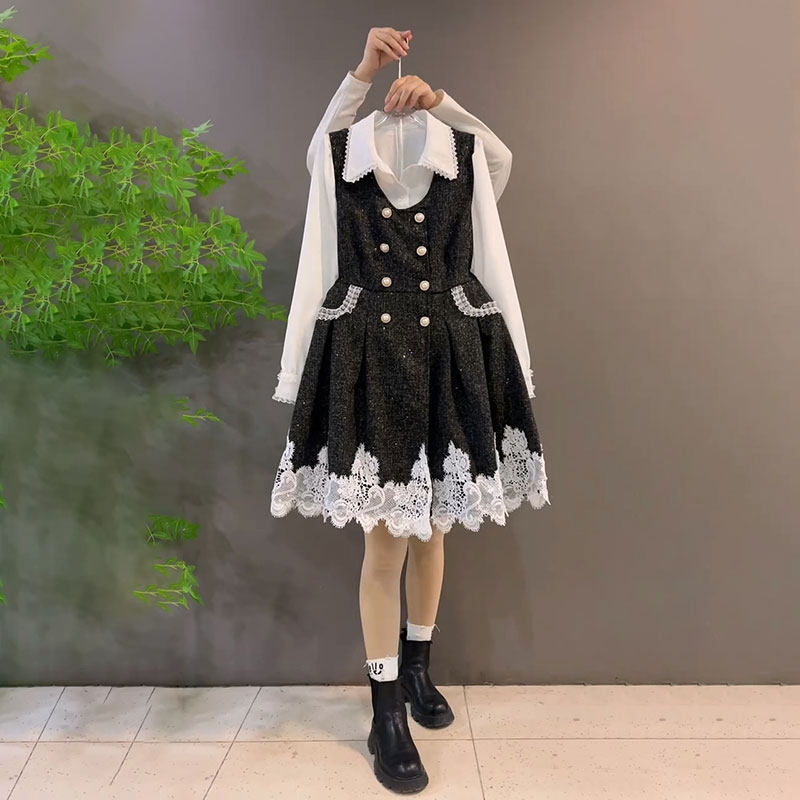 新款小香风撒银蕾丝花边马甲裙长袖衬衫两件套春季大码女装上衣潮,女装/女士精品,大码套装,淘宝优惠券,粉丝福利购,淘宝优惠卷