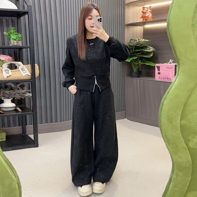 大码女装亮晶晶开衩卫衣加绒裤子