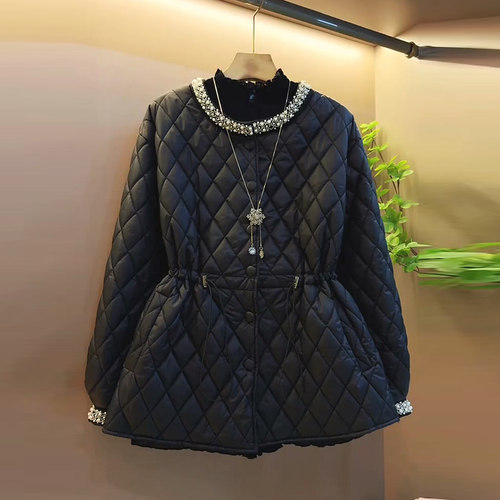 冬季抽绳亮钻圆领百搭简约薄棉服