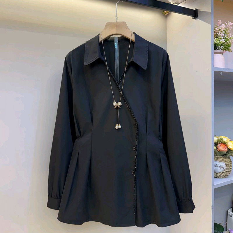 胖妹妹大码女装春季2026新款欧货翻领钉珠收腰通勤风气质百搭衬衫,女装/女士精品,大码内搭,淘宝优惠券,粉丝福利购,淘宝优惠卷