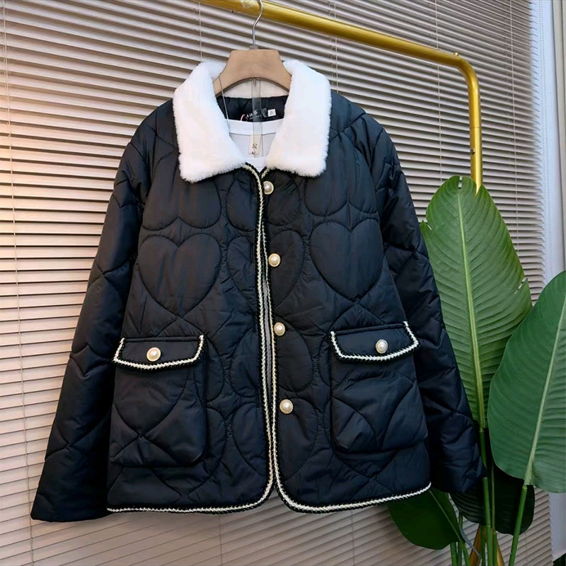 小香风翻领纽扣棉服外套