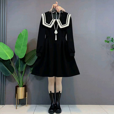 爆款时尚拼色海军领中长款连衣裙