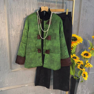 新款 棉服外套搭加绒阔腿裤 大码 翡翠绿高级感盘扣锦缎唐装 女装 冬季