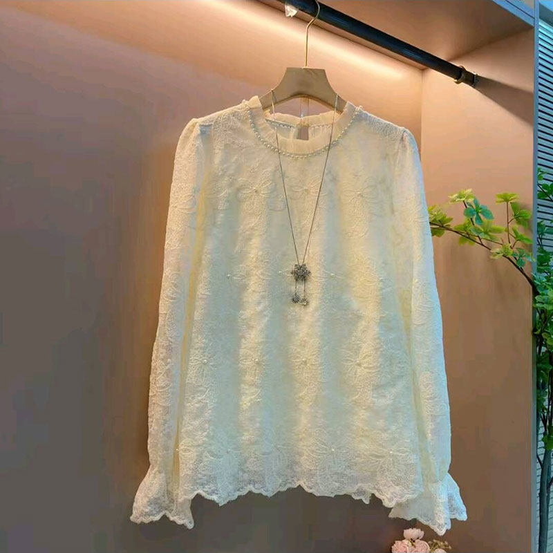 2026春新款韩版钉珠圆领气质蕾丝喇叭袖上衣大码女装百搭显瘦上衣,女装/女士精品,大码内搭,淘宝优惠券,粉丝福利购,淘宝优惠卷