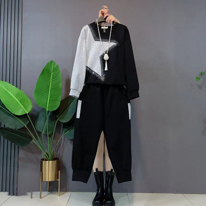 胖妹妹复古星星撞色拼接烫钻圆领卫衣裤子套装2026新款大码女装潮,女装/女士精品,大码套装,淘宝优惠券,粉丝福利购,淘宝优惠卷