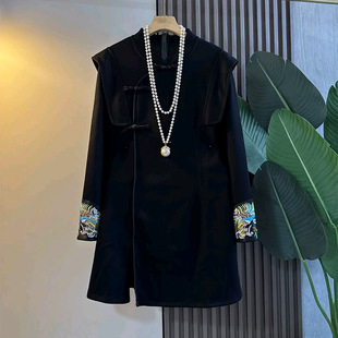 女装 新中式 胖妹妹大码 显瘦短裙新款 气质连衣裙 复古盘扣飞飞肩拼袖