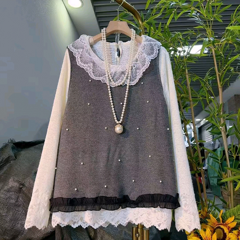 新款大码女装蕾丝打底衫钉珠马甲