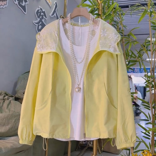 拼接蕾丝连帽防晒外衣