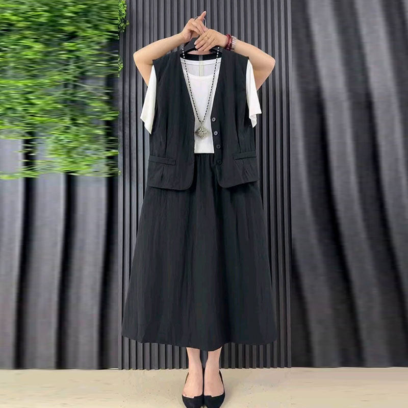 2026夏季新款休闲大码女装欧货时尚简约马甲半袖打底衫半身裙套装