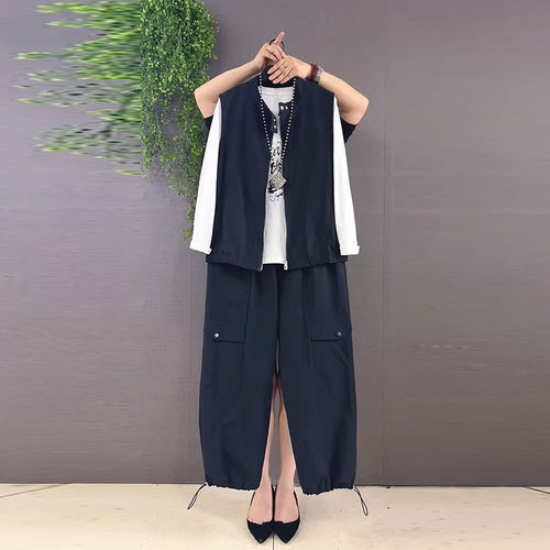 新款工装马甲打底衫休闲裤三件套