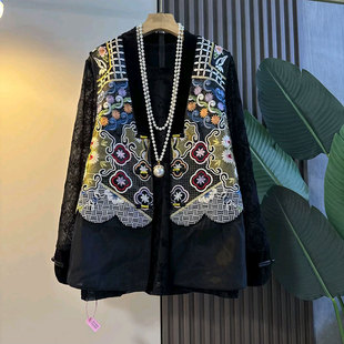 复古新中式 潮重工刺绣马甲植绒小衫 大码 胖mm2025秋季 上衣 女装 时尚