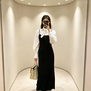 大码女装2026秋季胖妹妹黑色波点吊带长裙叠穿白衬衫洋气显瘦套装