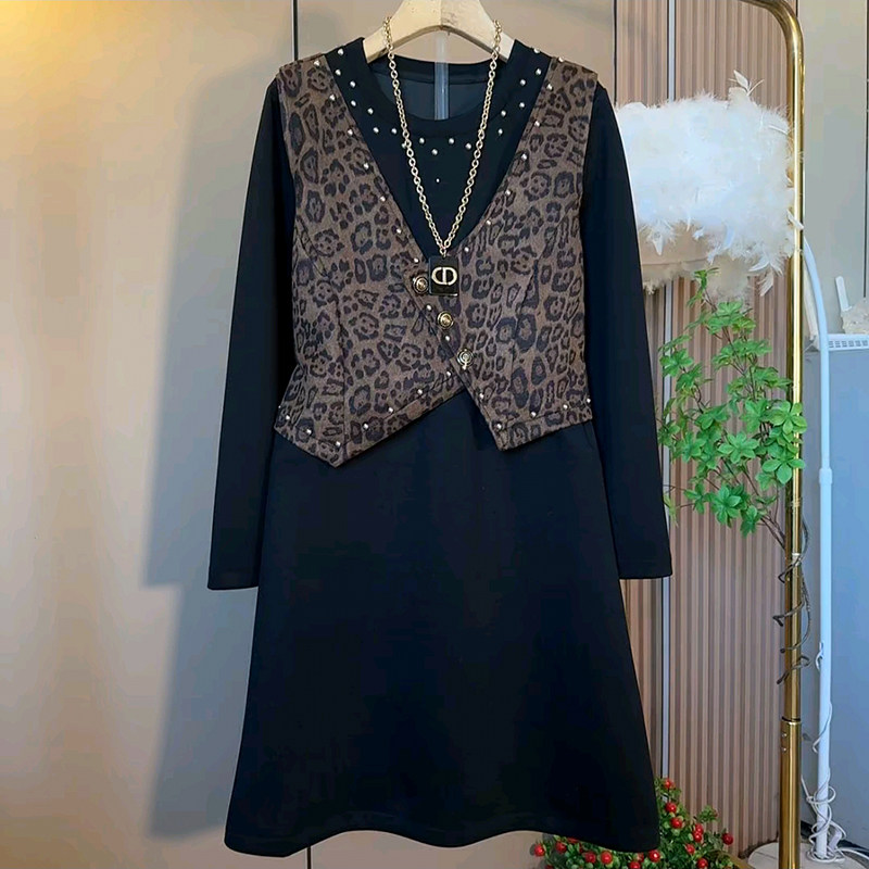 时尚重工设计豹纹假两件连衣裙