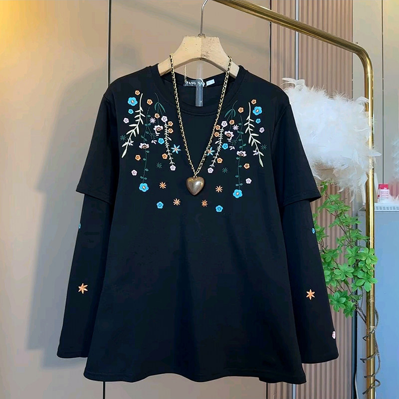 胖妹妹大码女装春季2026新款时尚简约可爱风刺绣花朵假两件长袖衫,女装/女士精品,大码内搭,淘宝优惠券,粉丝福利购,淘宝优惠卷