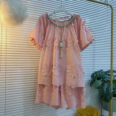 夏季重工钉珠减龄上衣短裤两件套