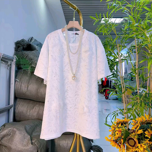 钉珠立体花朵大码女装百搭T恤衫