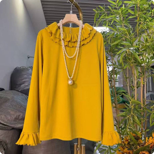 女装 大码 遮肉显瘦长袖 T恤打底上衣欧货时尚 女 秋季 花边领衬衫 新款