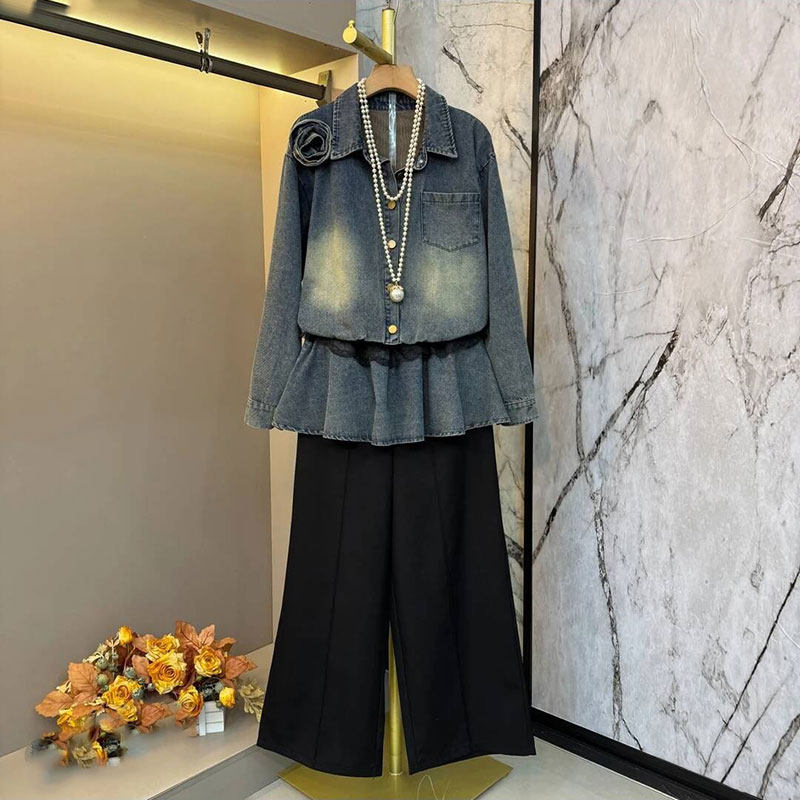 2026春季新款韩版设计感花苞翻领百搭牛仔上衣大码女装时髦休闲裤,女装/女士精品,大码内搭,淘宝优惠券,粉丝福利购,淘宝优惠卷