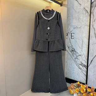 胖妹妹设计感亮片拼接马甲阔腿裤 女装 打底衫 大码 气质显瘦套装 新款