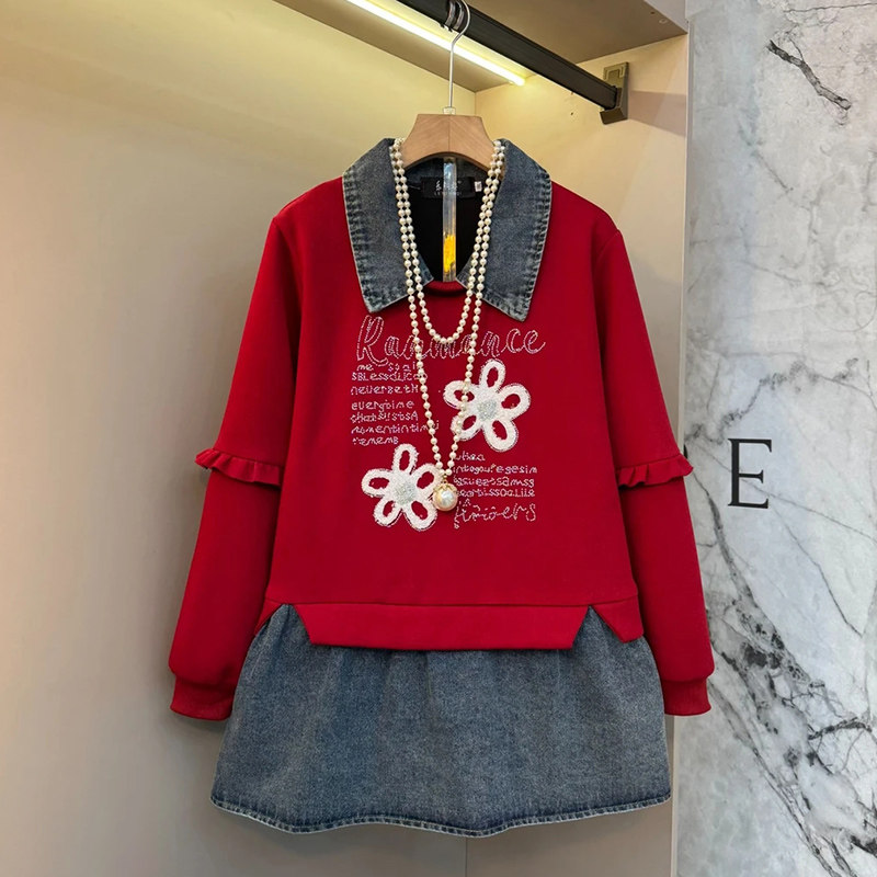 大码女装拼接牛仔烫钻花朵上衣