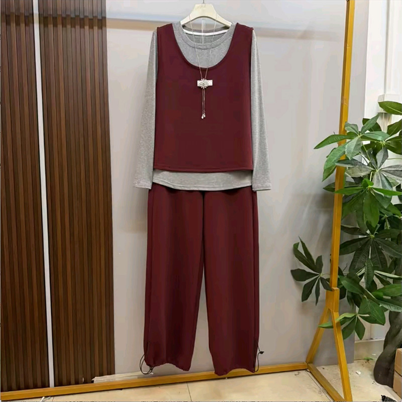 秋季新款休闲纯色套头马甲收脚裤长袖打底衫三件套胖妹妹大码女装