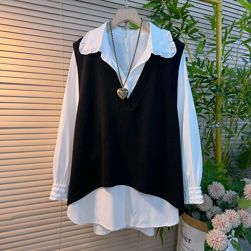 时尚美背马甲翻领花边衬衫两件套