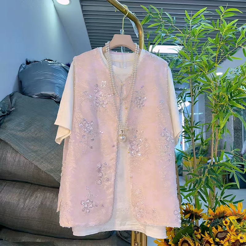 国风钉珠亮片马甲上衣