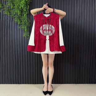 简约时尚 胖妹妹2025冬季 女装 大码 提花流苏国风马甲显瘦两件套 新款