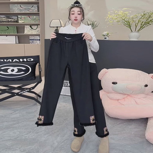 大码 百搭裤 女装 胖妹妹时尚 子 国风刺绣盘扣拼毛高腰加绒烟管裤 新款