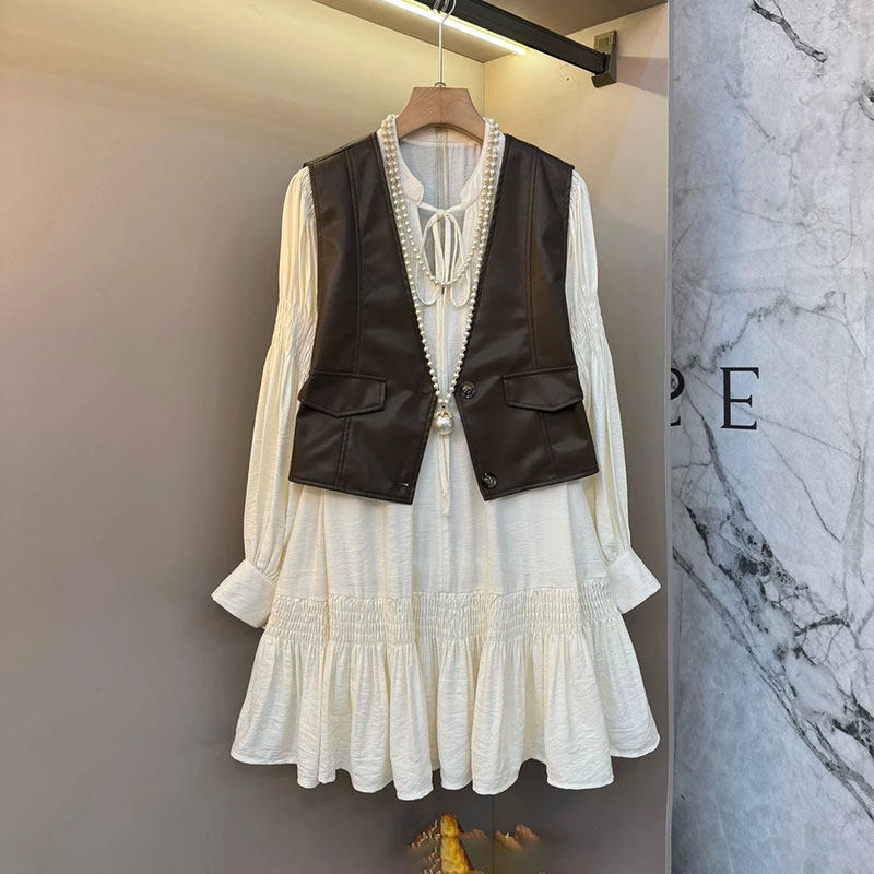 新款气质洋气设计感大码连衣裙皮衣马甲套装女装裙子遮肉春季潮流,女装/女士精品,大码套装,淘宝优惠券,粉丝福利购,淘宝优惠卷