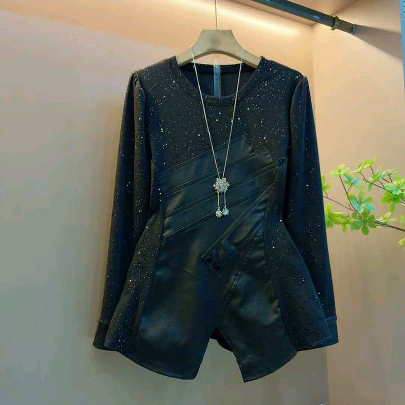 新款大码女装亮晶晶拼接收腰衬衫